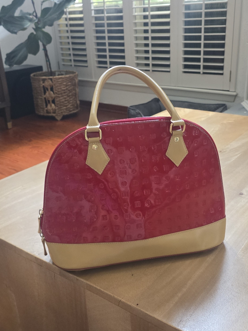 Arcadia Italy Red Patent Leather Embossed Monogram Dome Satchel Handbag